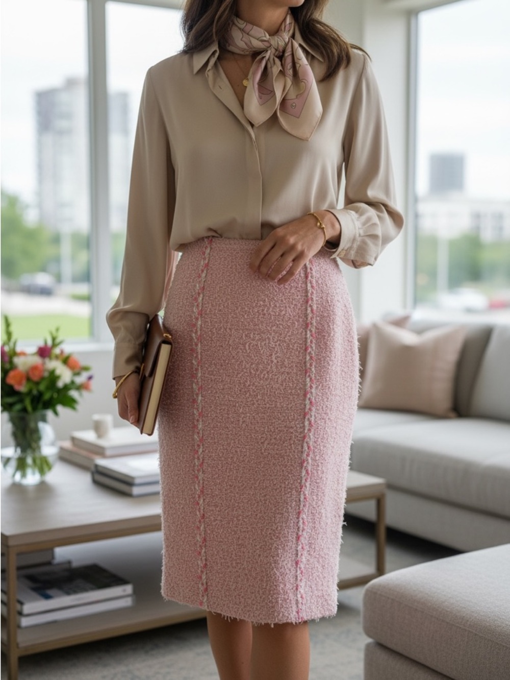 St. John Couture Pink Bouclé Knit Pencil Skirt | Wool Blend | Made in USA SZ 4